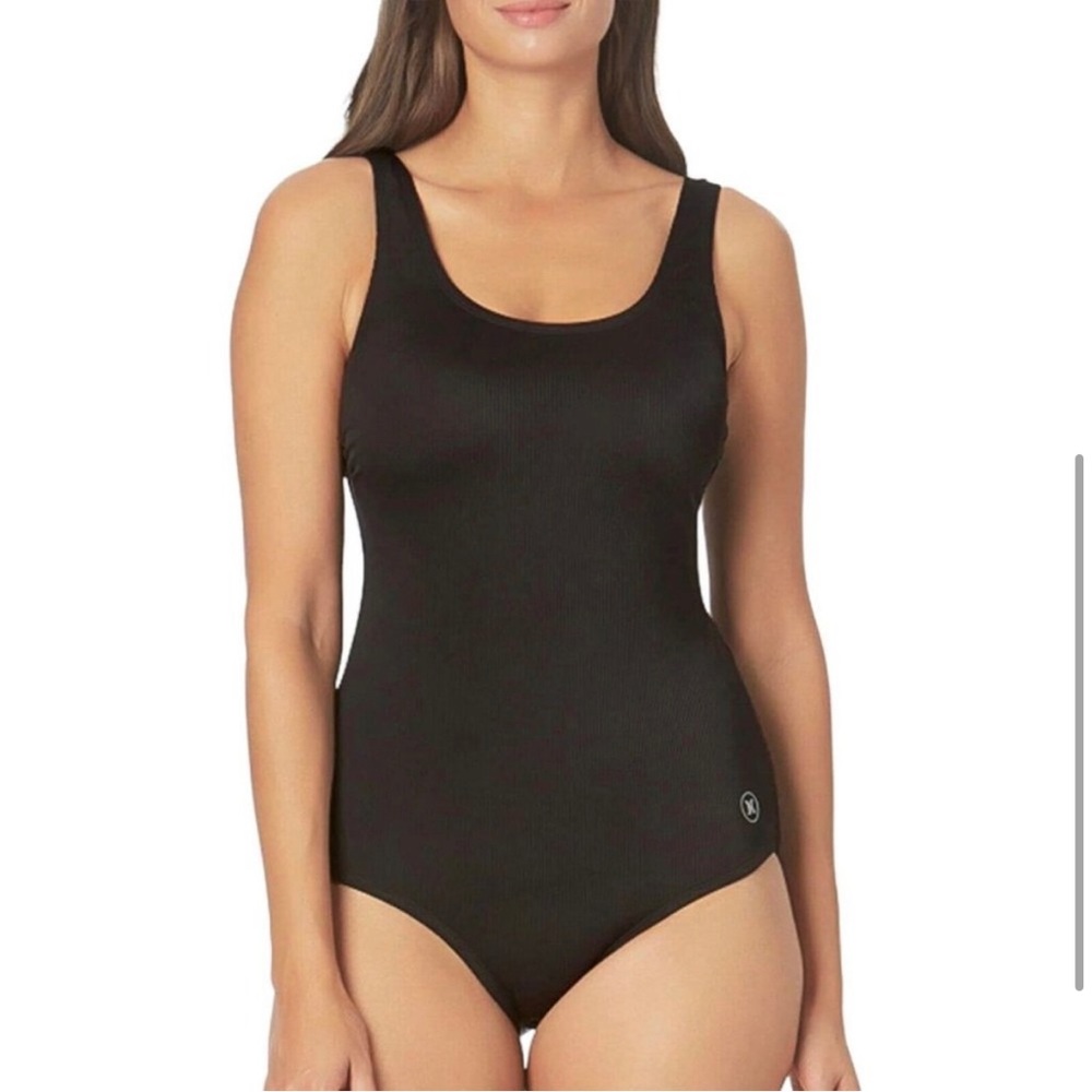 NEW Hurley Womens Size M Black Modest Stretch 1-Piece Shelf Bra UPF 50+ Swimsuit